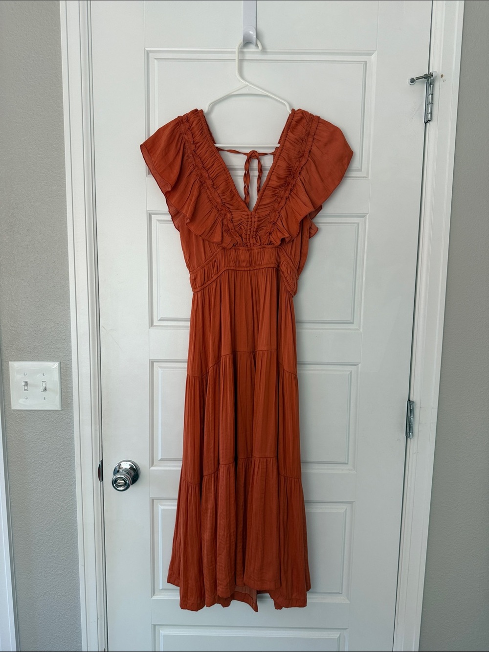 Tahari Rust Orange Ruffle V-Neck Maxi Dress